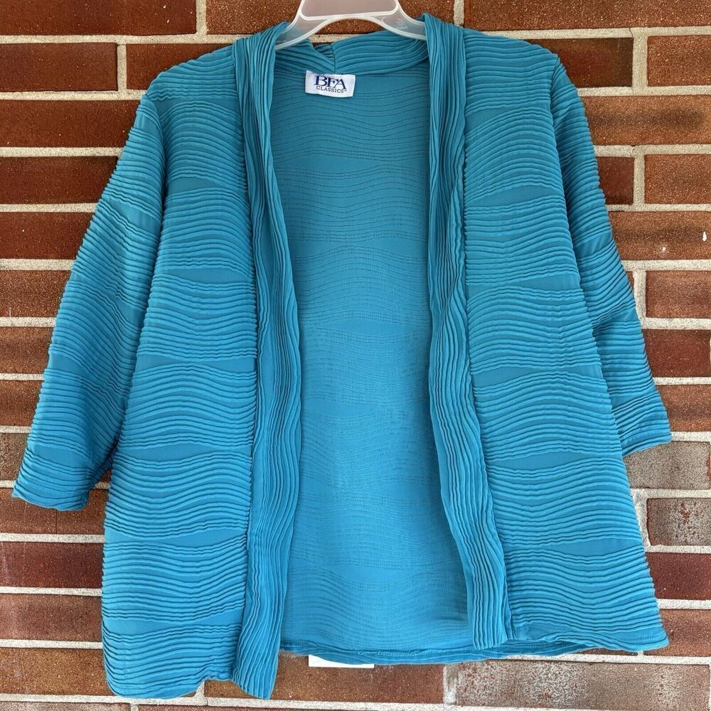 BFA Classics Blue Ruffle Stripe Open Front Shrug Topper Jacket Sz XL A496
